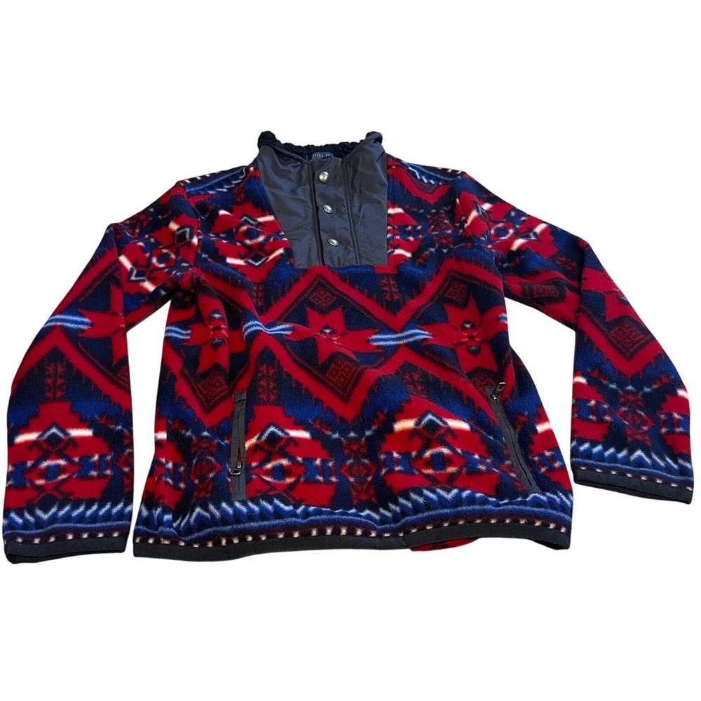 Polo Ralph Lauren Kids Aztec Fleece Pullover Red Blue Southwestern Mock Neck H65